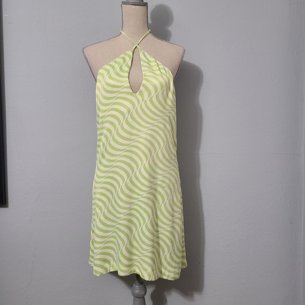 Zara Green and‎ White Swirl Satin Halter Dress Size Large